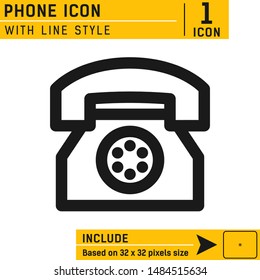 Phone icon vector on isolated on soft white background. Telephone icon with line style. Contact symbol emblem sign. The icon is neatly designed on the perfect pixel box size of 32X32.