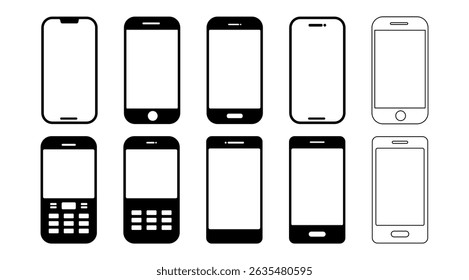 Phone Icon Vector  Set, Black Mobile and Smartphone vector symbol Designs, Communication Devices Pictogram in Modern Minimal  Flat Style, Editable