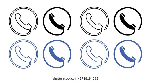 Conjunto de Vectores de icono de teléfono, receptor de teléfono en símbolos de círculo para contactarnos, Asistencia al cliente, centro de llamadas y diseño de comunicación, contorno y estilo de glifo aislado sobre fondo blanco
