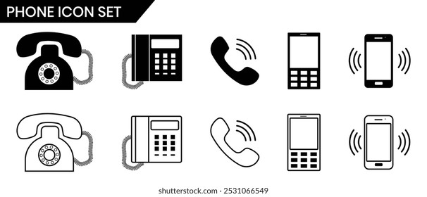 Phone icon, vector, symbol set. Telephone icon, vector set. Phone icon set, vector, silhouette. Cell phone pictogram communication icon. Vector illustration of smartphone, mobile, land phone.
