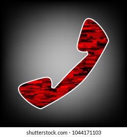 Phone icon. Vector. Icon with white contour and texture from red rectangles at grayish background.