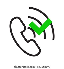 Phone icon with waves on a white background with a green check mark. Design, logo, icon. Vector illustration.Call received call.