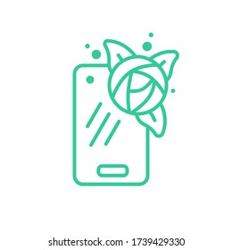 Icono de teléfono para el sitio web o aplicación de una floristería en línea con entrega en casa. estilo lineal verde, imágenes aisladas sobre un fondo blanco. 