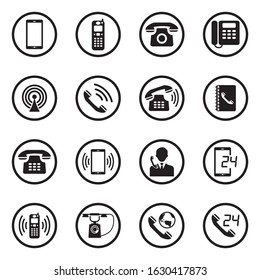 Phone Icons. Black Flat Design In Circle. Vector Illustration.