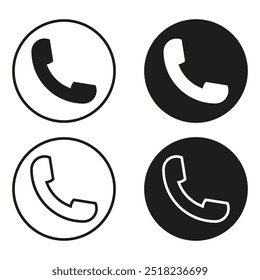 Phone icons in circles. Four black and white vector phone symbols. Simple communication concept.
