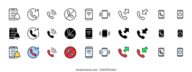 Phone icons collection. Call buttons. Linear, silhouette and flat style. Vector icons