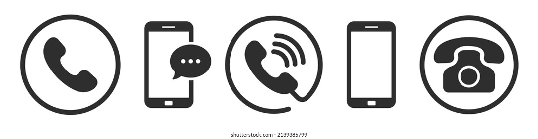 Colección de iconos de teléfono. Contáctenos con el símbolo. Señal de llamada. Pictograma de teléfono celular aislado en fondo blanco. Ilustración vectorial. 