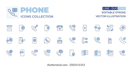 Phone icons collection. Line Duotone style, editable stroke. phone call, mobile, call, call back, phone, secure, phone chat, notification bell, telephone.