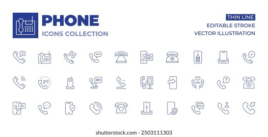 Phone icons collection. Thin Line icons, editable stroke. handphone, call back, emergency call, call, phone call, phone booth, mobile, security, telephone, phone charger.