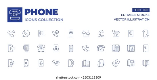 Phone icons collection. Thin Line icons, editable stroke. camera, love message, upload, old, focus, public phone, phone call, low battery, telephone.