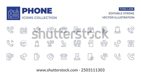 Phone icons collection. Thin Line icons, editable stroke. handphone, call back, emergency call, call, phone call, phone booth, mobile, security, telephone, phone charger.