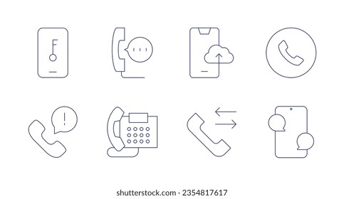 Phone icons. Editable stroke. Containing lock, phone call, uploading, phone, emergency call, call log, chat.