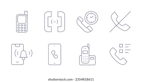 Phone icons. Editable stroke. Containing mobile phone, phone call, time, notification bell, landline, phone survey.