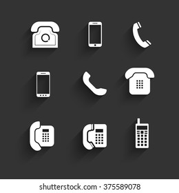 Phone icons Flat Design with shadows on dark gray. Different phone and smartphones set. Old and modern phone signs. Smartphones, handsets and push-buttons phones. Vector illustration