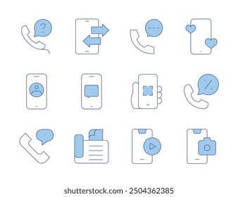 Telefonsymbole. Linienduotonstil, bearbeitbarer Strich. Telefonkontakt, Video-Player, Telefonanruf, Telefonchat, Kamera, Interaktivität, Fax.