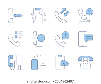 Phone icons. Line Duotone style, editable stroke. emergency call, phone, smartphone, call, sms, changing, phone booth, survey, uploading.