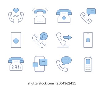 Phone icons. Line Duotone style, editable stroke. emergency number, call, phone, hours, telephone, chat, call, turn on, old phone.