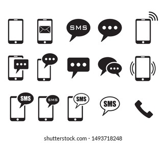 Phone Icons On White Background, Sms Icon, Cell Phone, Call Phone, Message, Vector Illustration.