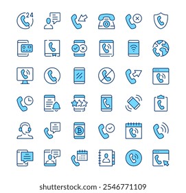 Phone icons. Outline symbols. Vector blue line icons set