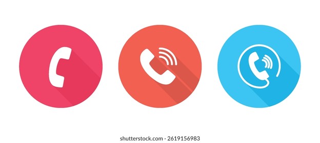 Phone Icons Representing Call, Answering and Active Calls Displaying in Colored Phone Icons with Long Shadow.