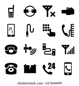 Phone icons set. set of 16 phone filled icons such as wire, broken battery, no signal, mobile signal, 24 hours support, hand on atm, signal