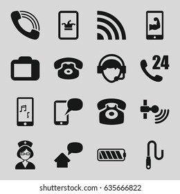 Phone icons set. set of 16 phone filled icons such as call, operator, nurse, wire, camera display, battery, home message, 24 hours support