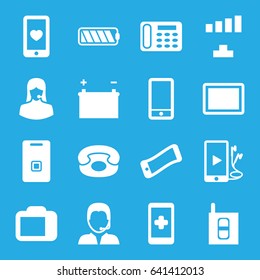 Phone icons set. set of 16 phone filled icons such as signal, desk phone, customer support, heart mobile, tablet, door ringer, support, camera display, intercom