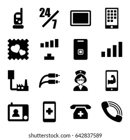 Phone icons set. set of 16 phone filled icons such as baby monitor phone, signal, photo with heart, tablet, call, medical phone, nurse, door ringer, intercom