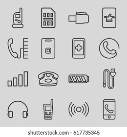 Phone icons set. set of 16 phone outline icons such as call, baby monitor phone, headset, door ringer, wire, sim card, battery