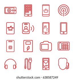 Phone icons set. set of 16 phone outline icons such as headset, door ringer, wire, camera display, gear on display, battery, signal, call