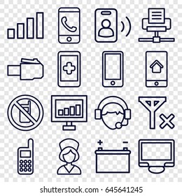 Phone icons set. set of 16 phone outline icons such as no phone, signal, display, operator, nurse, battery, call