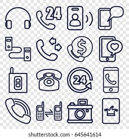 Phone icons set. set of 16 phone outline icons such as call, 24 support, headset, intercom, 24 hours support, bank support, camera