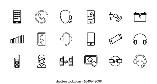 Phone icons. set of 18 editable outline phone icons: support, headset, nurse, signal, cable, home on tablet, broken battery