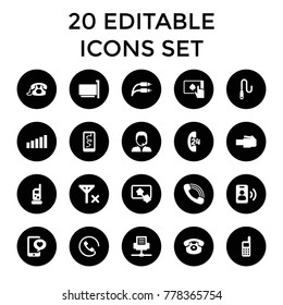 Phone icons. set of 20 editable filled phone icons such as call, support, wire, home on tablet, signal, no signal. best quality phone elements in trendy style.
