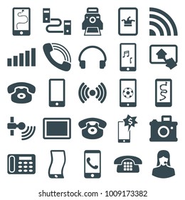 Phone icons. set of 25 editable filled phone icons such as camera, customer support, headset, tablet, call, signal, cable, camera printing photo, home on tablet