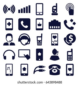 Phone icons set. set of 25 phone filled icons such as baby monitor phone, finger on tablet, phone, call, heart mobile, touchscreen, headset, operator, support, signal