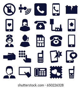Phone icons set. set of 25 phone filled icons such as finger on tablet, customer support, heart mobile, photo with heart, nurse, support, call, sim card, broken battery