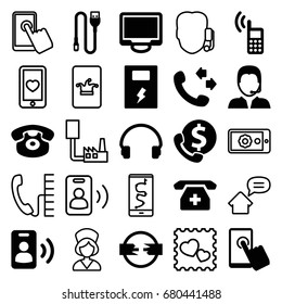 Phone icons set. set of 25 phone filled and outline icons such as call, headset, display, support, wire, battery, touchscreen, heart mobile, photo with heart, nurse