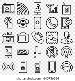 Phone icons set. set of 25 phone outline icons such as photo with heart, touchscreen, call, operator, door ringer, wire, camera display, intercom, help support, battery