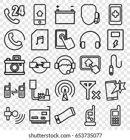 Phone icons set. set of 25 phone outline icons such as call, baby monitor phone, headset, operator, memory card with music, wire, home on tablet, battery, signal, no signal
