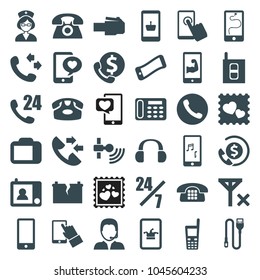 Phone icons. set of 36 editable filled phone icons such as call, online shopping, 24 hours support, bank support, photo with heart, touchscreen, nurse, signal, support, wire