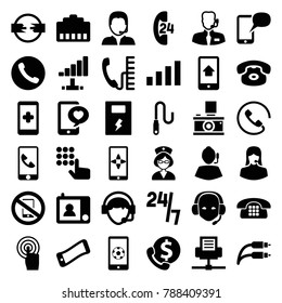 Phone icons. set of 36 editable filled phone icons such as hand on smartphone, desk phone, bank support, hand on atm, customer support, call, touchscreen, operator, nurse