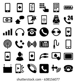 Phone icons set. set of 36 phone filled icons such as call, heart mobile, phone, headset, tablet, phone and earphones, camera printing photo, wire, gear on display
