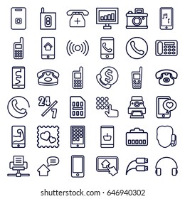 Phone icons set. set of 36 phone outline icons such as call, desk phone, signal, photo with heart, headset, door ringer, camera printing photo, intercom, home on tablet
