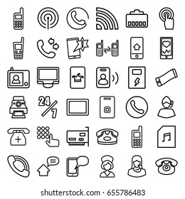 Phone icons set. set of 36 phone outline icons such as call, customer support, touchscreen, tablet, display, nurse, memory card with music, door ringer, camera printing photo