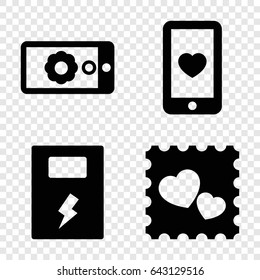 Phone icons set. set of 4 phone filled icons such as heart mobile, photo with heart, gear on display