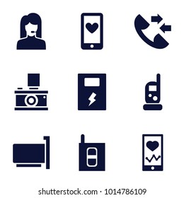 Phone icons. set of 9 editable filled phone icons such as intercom, battery, call, camera