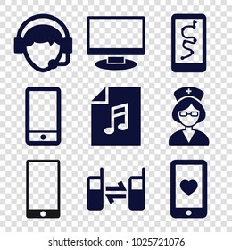 Phone icons. set of 9 editable filled phone icons such as heart mobile, operator, nurse, display