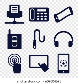 Phone icons set. set of 9 phone filled icons such as finger on tablet, touchscreen, headset, wire