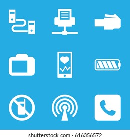 Phone icons set. set of 9 phone filled icons such as call, camera display, battery, signal